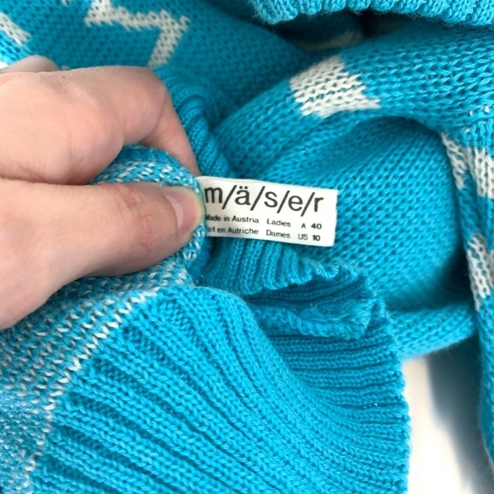 MASER Vintage Sweater Blue White Crew Neck Snowflake Blue White - Picture 4 of 5